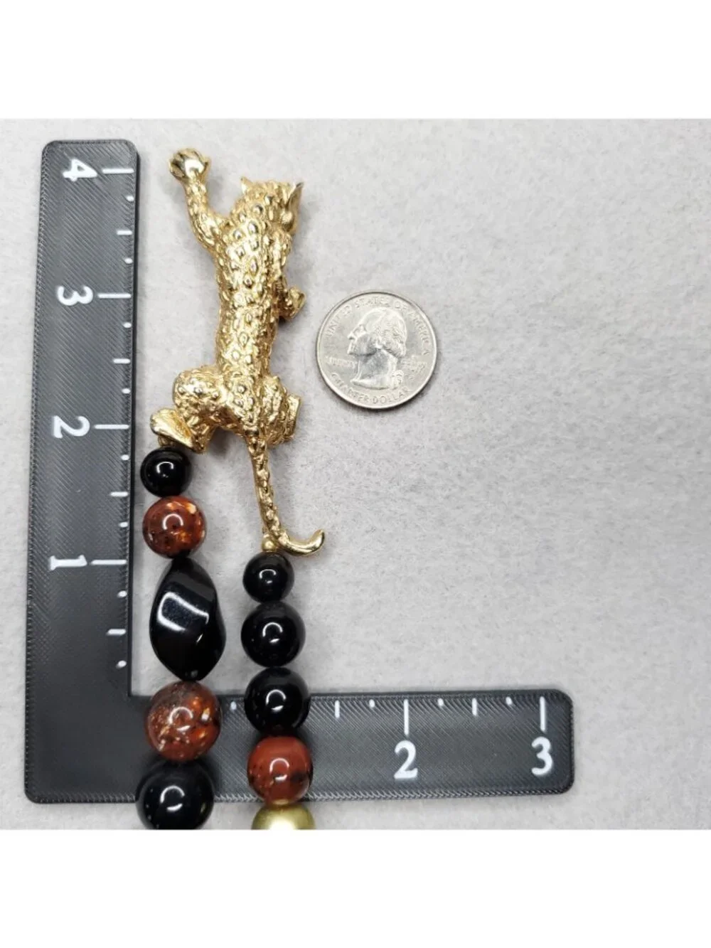 Vintage Beaded Necklace Gold Tone Leopard Black Brown 30